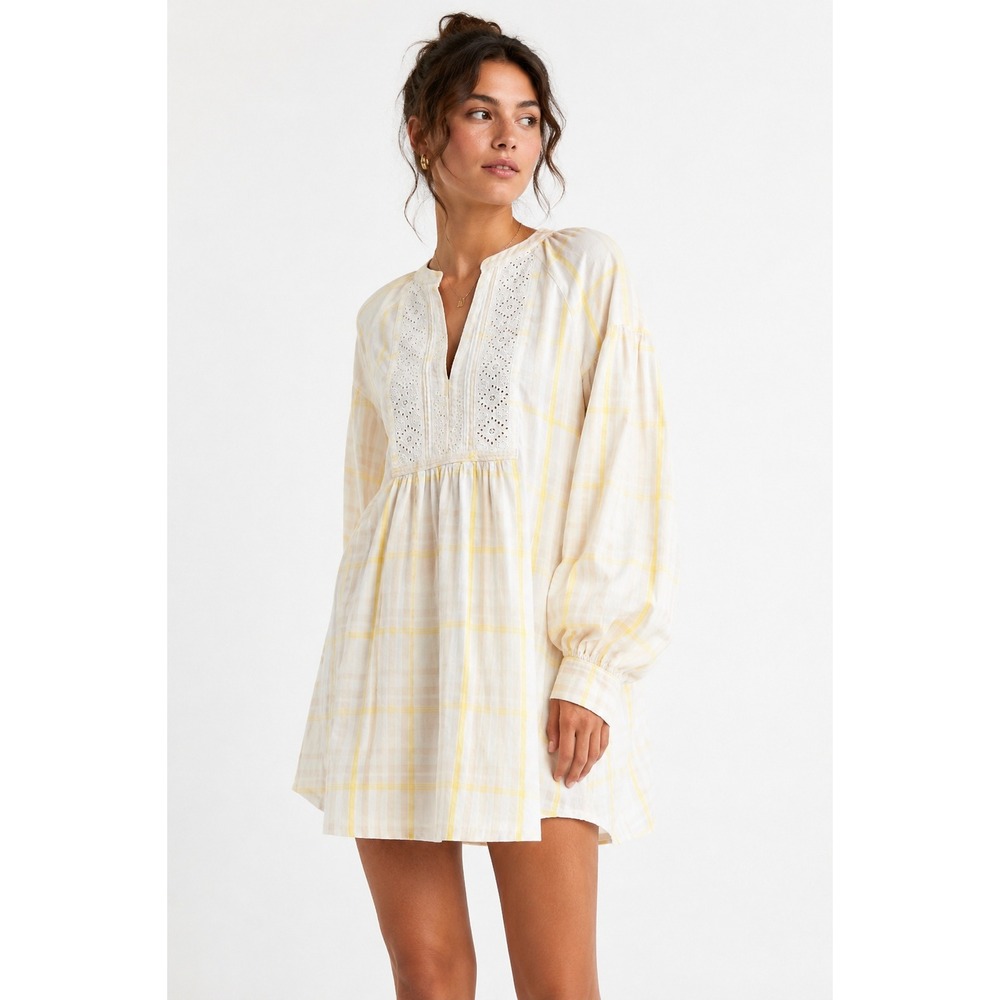 Urban Outfitters Dress Womens M Yellow White Plaid Eyelet Lace Bib Babydoll Boho
